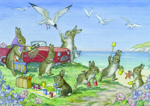 Postkarte Hasenfamilie Strandausflug