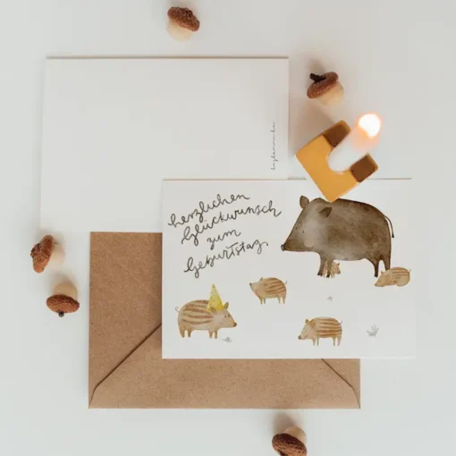 Postkarte Geburtstag Wildschweine Frischlinge