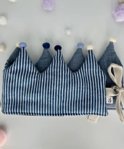 Stoffkrone | Geburtstagskrone Blau STREIFEN mit Pompons