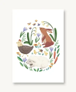 VIERUNDFÜNFZIG Postkarte | Frühlingstiere - Hase, Lamm, Henne mit Küken