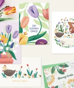 VIERUNDFÜNFZIG Postkarte | Frühlingstiere - Hase, Lamm, Henne mit Küken