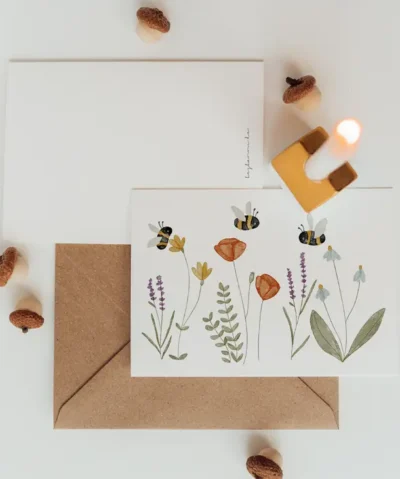 Postkarte | Wiesenblumen und Hummeln