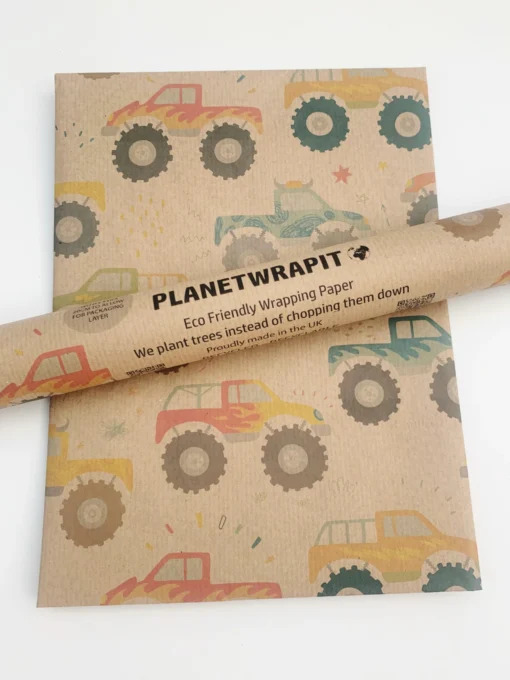 PLANETWRAPIT Nachhaltiges Geschenkpapier Rolle 5mx50cm | Monstertruck