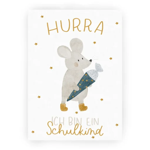 Postkarte von Hej Hanni Schulanfang Maus "Hurra ich bin ein Schulkind"